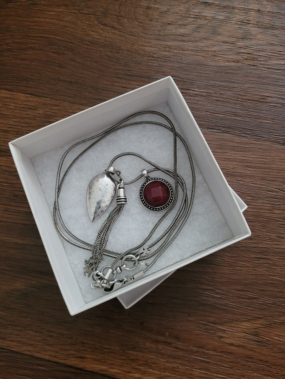Lucky Brand Long Triple Pendant Necklace, Silver Toned & Burgundy - Picture 1 of 5